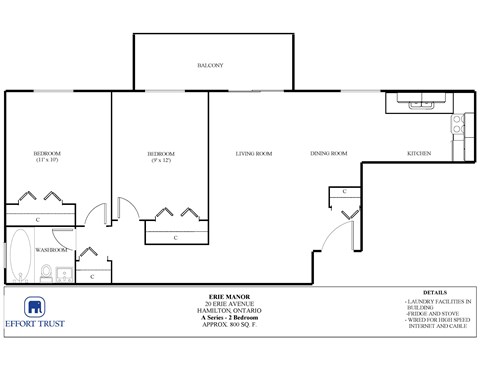 A floor plan of a 20 Erie Avenue apartment in Hamilton, Ontario.